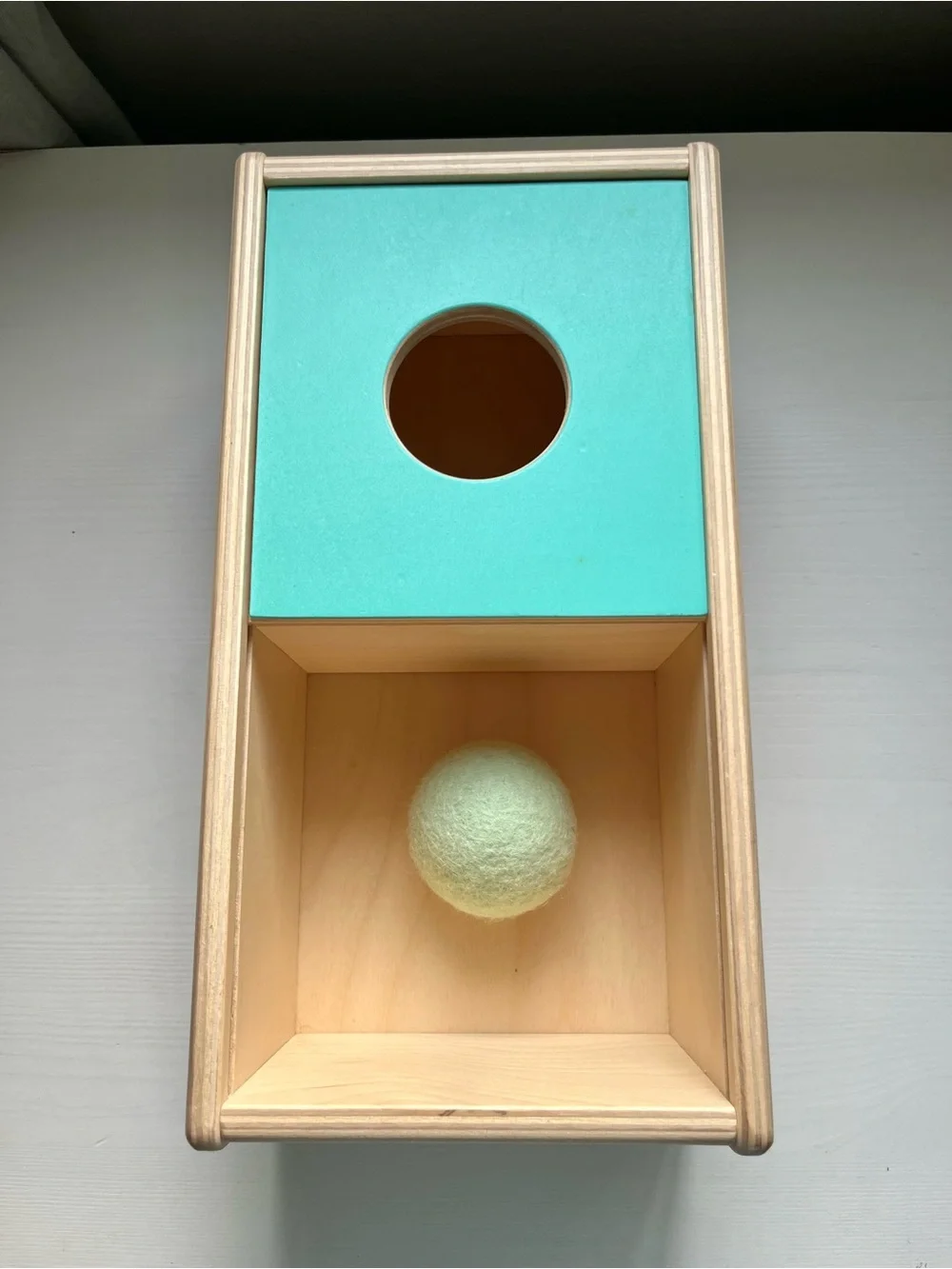 Lovevery Blue Wooden Sliding Top Ball Drop Box with Ball The Thinker Play Kit